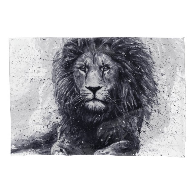 Funda De Cojín Ilustracion blanco y negro de león. (Anverso)