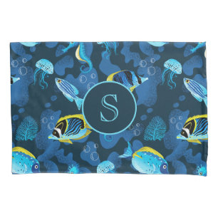 Funda De Cojín Ilustración de peces tropicales azules y amarillos