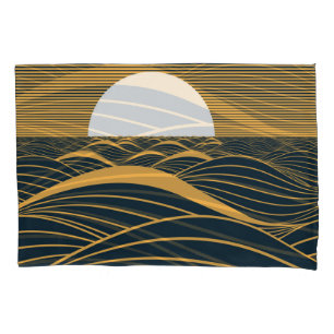 Funda De Cojín Ilustración estilizada de sol-luna, mar oscuro.