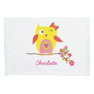 Funda De Cojín Ilustracion rosa amarillo de búho blanco personali
