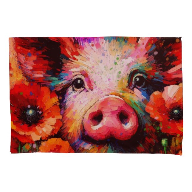 Funda De Cojín Impresionante cerdo en flores de amapola roja (Anverso)
