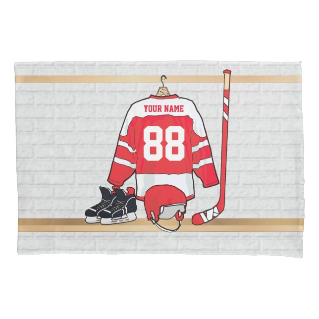 Funda De Cojín Jersey rojo y blanco personalizado del hockey (Anverso)