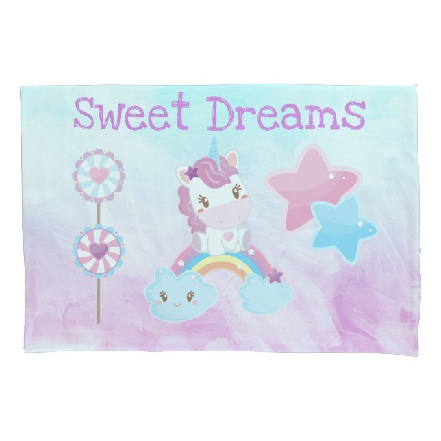 Funda De Cojín Kawaii Dulces Sueños Unicornio Arcoíris Nube (Anverso)