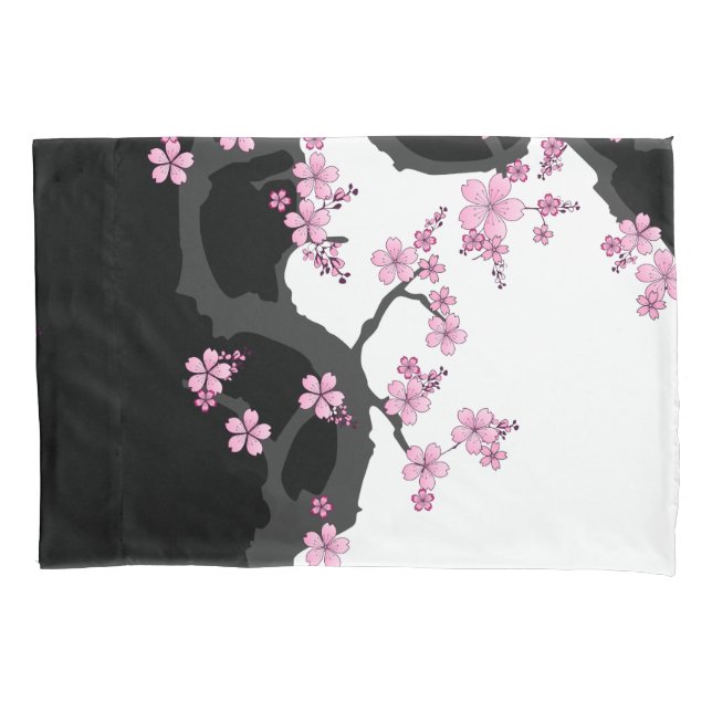 Funda De Cojín Kimono japonés Sakura negro y rosa blanco (Anverso)