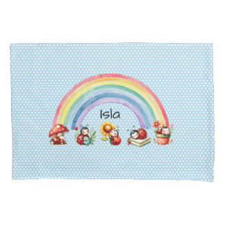 Funda De Cojín Ladybugs and Rainbow Blue Dot Kids Pillowcase