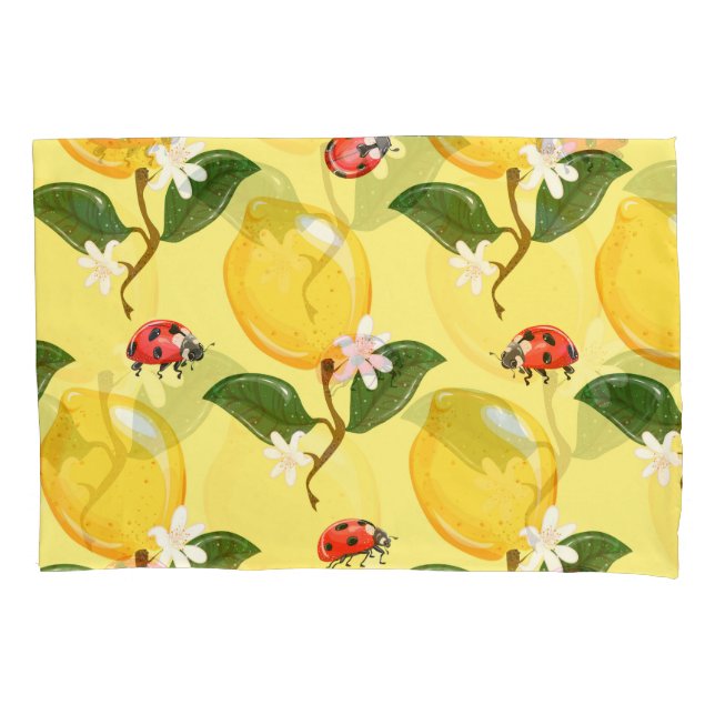 Funda De Cojín Lemon Ladybug: Patrón amarillo tropical. (Anverso)