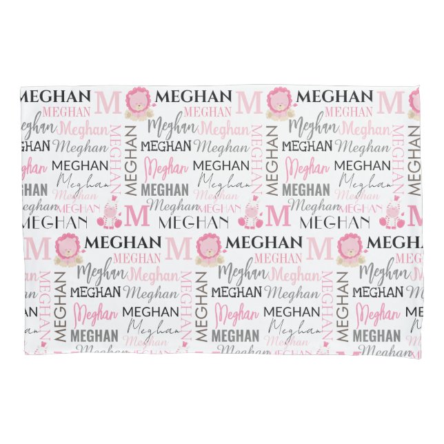 Funda De Cojín León rosa y cebra con nombre y patrón de monograma (Anverso)