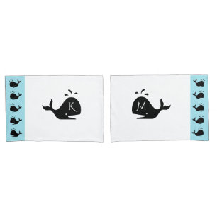 Funda De Cojín Lindo Blanco y Azul Ballena Negra Inicial Personal