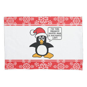 Funda De Cojín Lista traviesa de Santa del pingüino del navidad