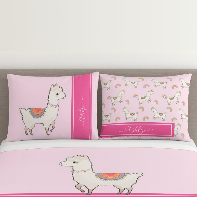 Funda De Cojín Llama arcoíris rosa personalizado para niñas (Subido por el creador)