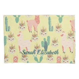 Funda De Cojín Llama rosa dulce y cactus verde Personalizada
