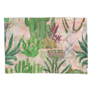 Funda De Cojín Llamas acuarelas y patrones de cactus.