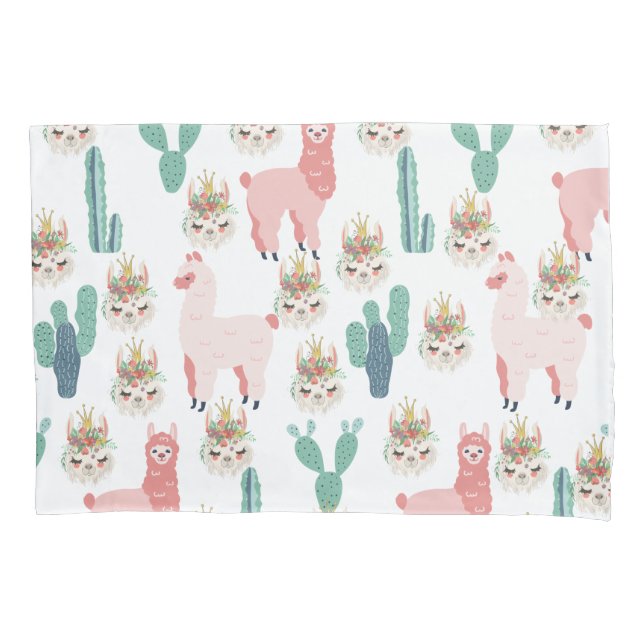 Funda De Cojín Llamas rosadas lindas y cactus verdes (Anverso)