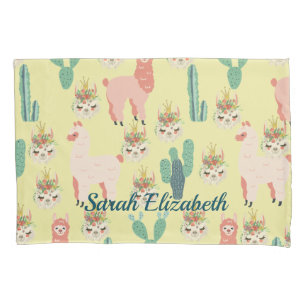 Funda De Cojín Llamas rosadas lindas y cactus verdes Personalizad