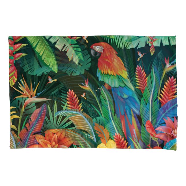 Funda De Cojín Loro tropical: fondo floral exótico. (Anverso)