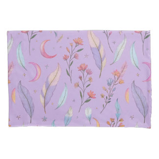 Funda De Cojín Lunas, flores y plumas Pastel Púrpura