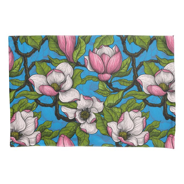 Funda De Cojín Magnolia floreciente en azul (Anverso)