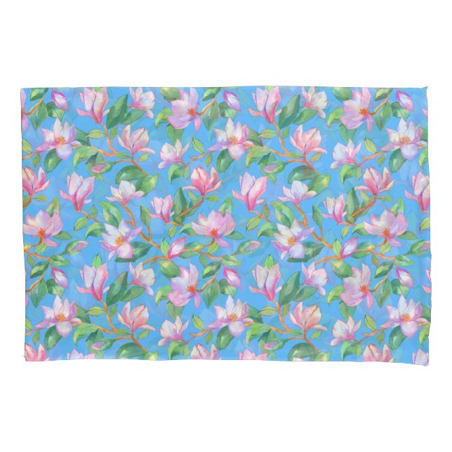 Funda De Cojín Magnolia floreciente en azul cielo (Anverso)
