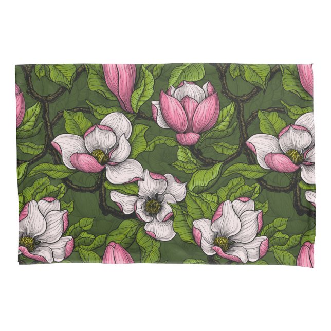Funda De Cojín Magnolia floreciente en verde oscuro (Anverso)