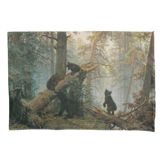 Funda De Cojín Mañana en un bosque de pinos (Osos en el bosque) (Anverso-izquierdo)