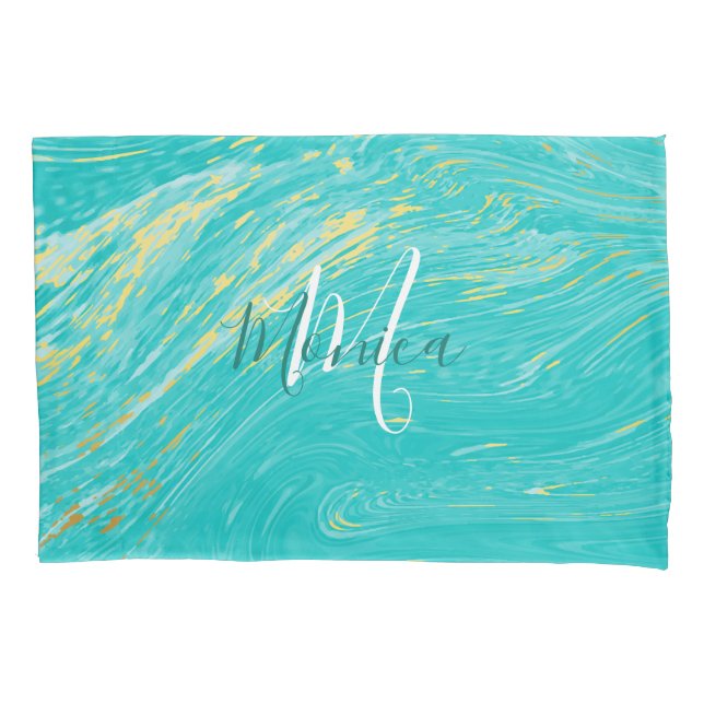 Funda De Cojín Marble Hermoso Oro Azul Elegante Mongrama (Anverso)