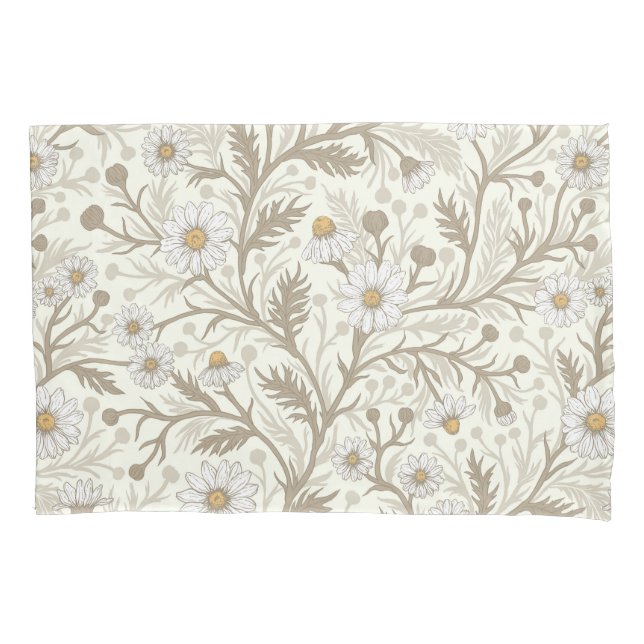 Funda De Cojín Margaritas en blanco y marrón sobre blanco mate (Anverso-izquierdo)