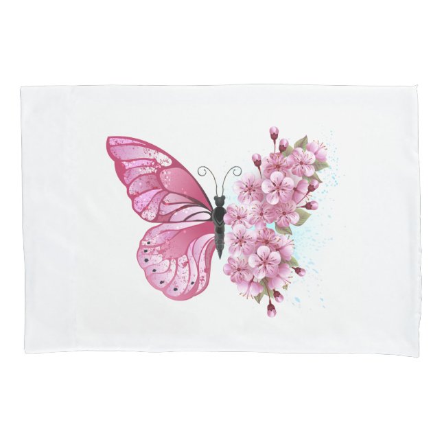 Funda De Cojín Mariposa de flores con Sakura rosa (Anverso)