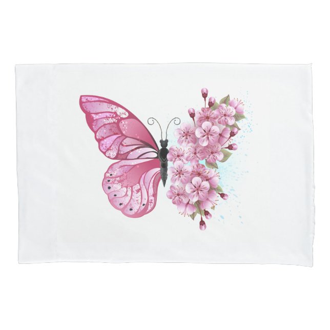 Funda De Cojín Mariposa de flores con Sakura rosa (Anverso-izquierdo)