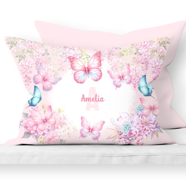 Funda De Cojín Mariposa Rosa Púrpura Púrpura Pastel Chica de nomb (Butterfly Pink Purple Pastel Floral Name Girl Pillow Case)