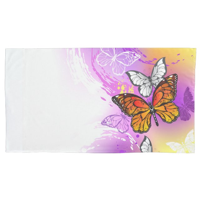 Funda De Cojín Mariposas monarcas en fondo morado (Anverso-izquierdo)