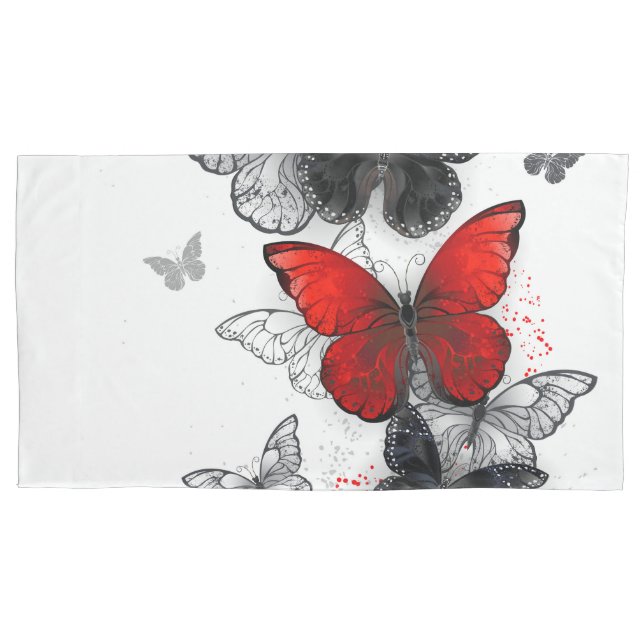 Funda De Cojín Mariposas Morfo Negras y Rojas Volando (Anverso)