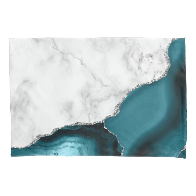 Funda De Cojín Mármol Blanco Agata Azul Teal Plata (Anverso)