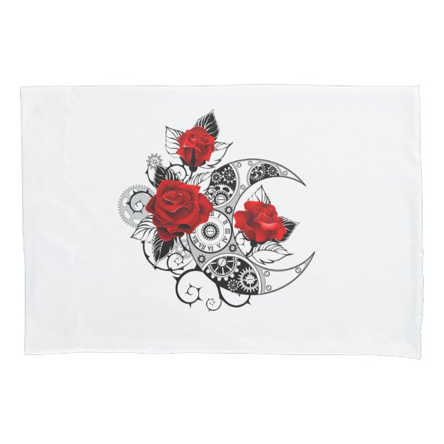 Funda De Cojín Media luna mecánica con rosas rojas (Anverso)