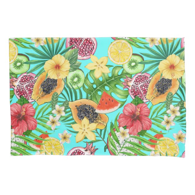 Funda De Cojín Mezcla tropical, flores y hojas en azul (Anverso-izquierdo)