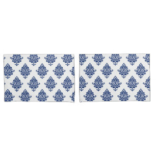 Funda De Cojín Modelación de Damasco Blanco y Azul de la Marina