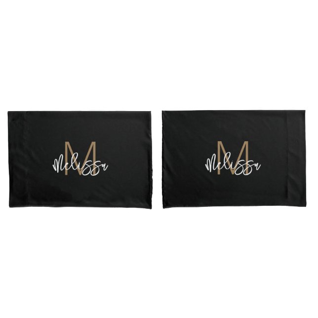 Funda De Cojín Modern Girly Black Gold Monograma Nombre inicial M (Anverso - Set)