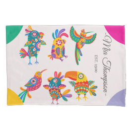 Funda De Cojín Monogram colorful folk art birds Pink Green yellow