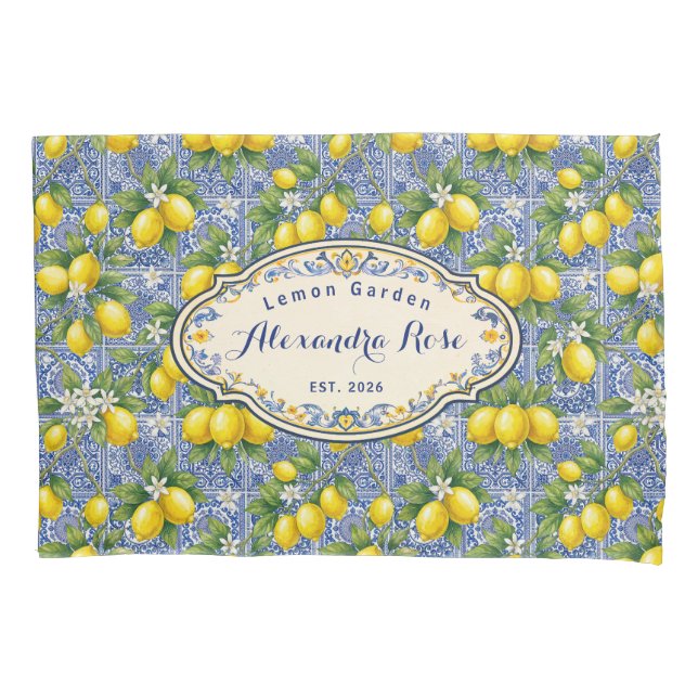 Funda De Cojín Monogram Name Lemon Blue French Country Tile  (Anverso)