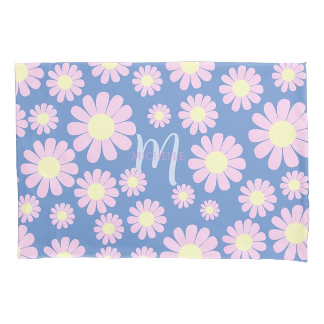 Funda De Cojín Monograma azul rosado de margarita (Anverso)