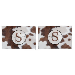 Funda De Cojín Monograma blanco marrón piel de vaca