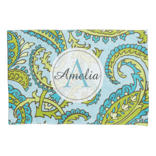 Funda De Cojín Monograma colorido Paisley azul bohemio trendy
