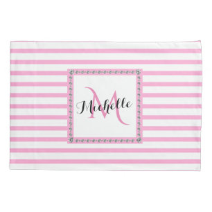 Funda De Cojín Monograma de diamantes de franjas rosadas Modern