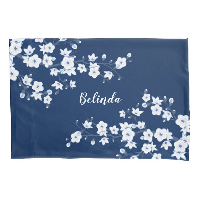 Funda De Cojín Monograma de flores de cerezo blanco azul de la ma (Anverso)