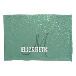 Funda De Cojín Monograma de gradiente de Purpurina verde de siren