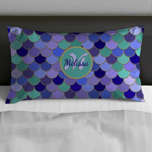 Funda De Cojín Monograma de la sirena + nombre | Azul púrpura Ver (Subido por el creador)