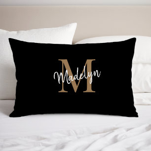 Funda De Cojín Monograma de oro negro simple guión femenino elega