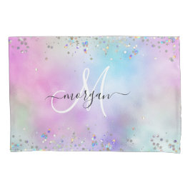 Funda De Cojín Monograma de pasteles arcoiris Purpurina holográfi