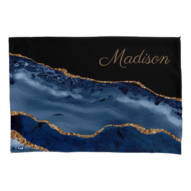 Funda De Cojín Monograma del Purpurina de mármol azul de la marin (Anverso)