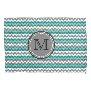 Funda De Cojín Monograma del zigzag de chevron turquesa y gris