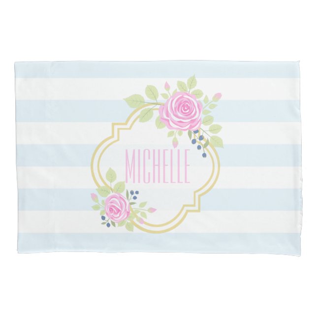 Funda De Cojín Monograma Fancy Roses Rosa Pillowcase, Estándar (Anverso)